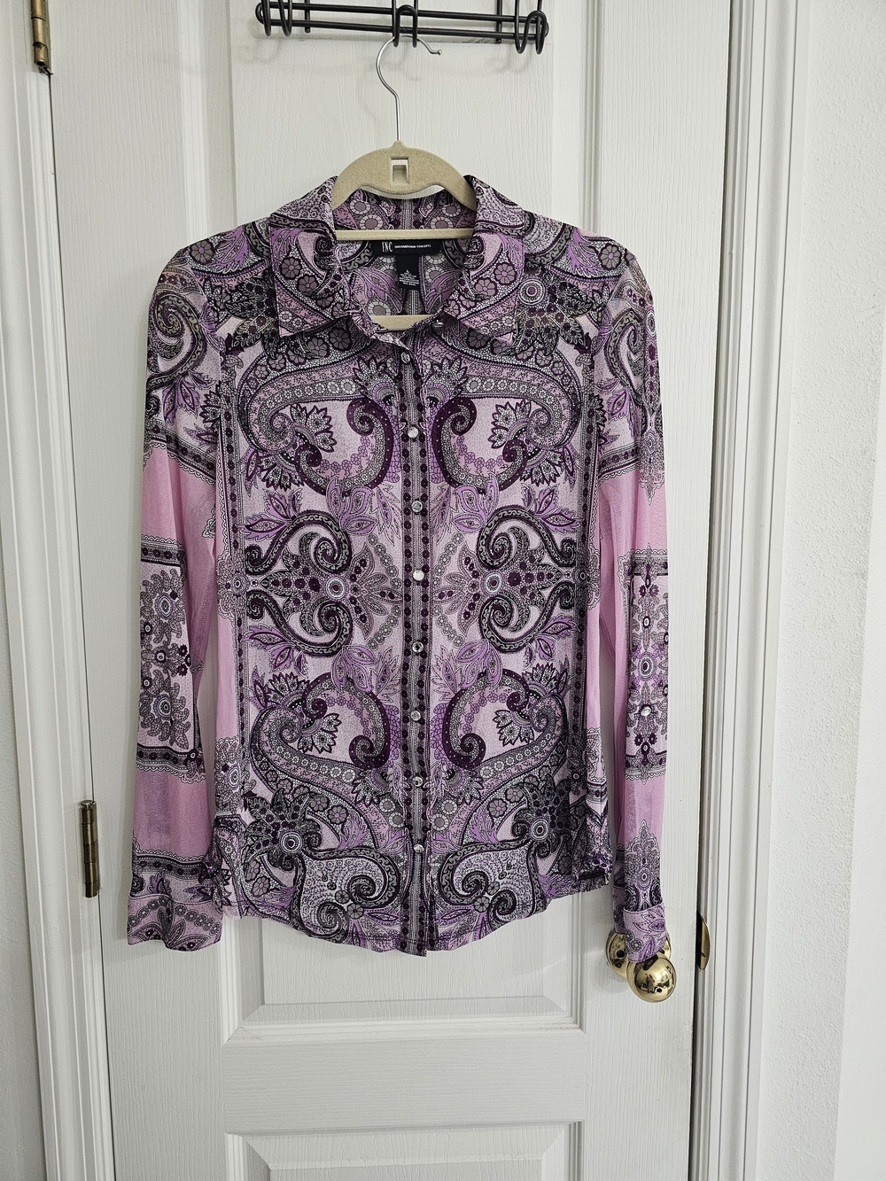 INC International Concepts Pink and Black Paisley Button-Down Blouse